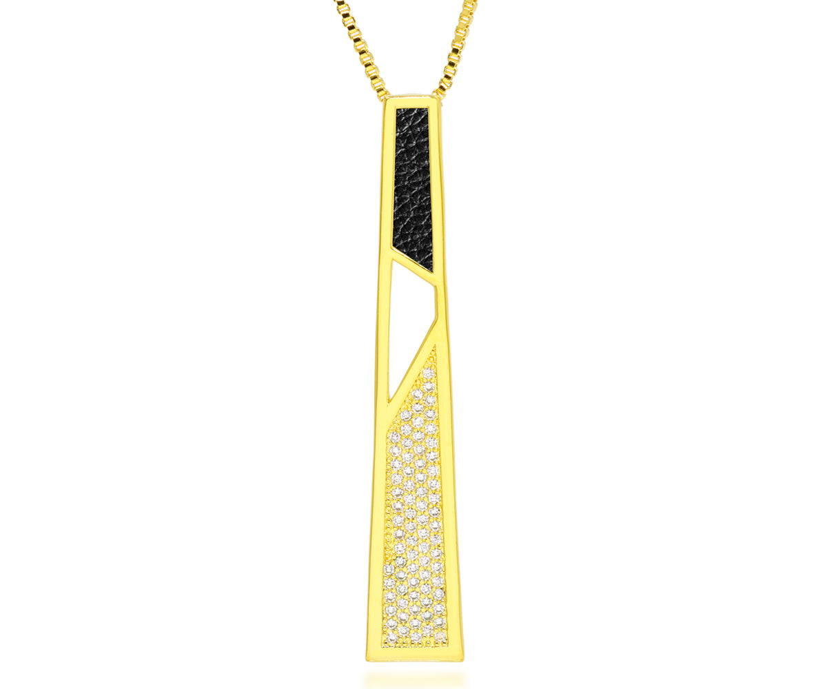 long geometric pave crystal and black leather inlay gold fashion necklace