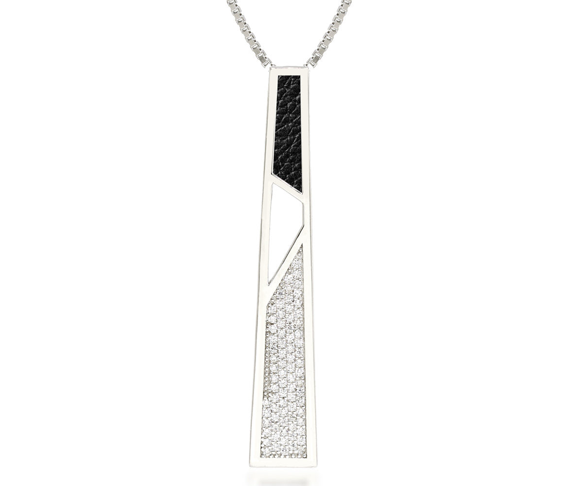 geometric long leather inlay pave crystal sterling silver fashion womens necklace