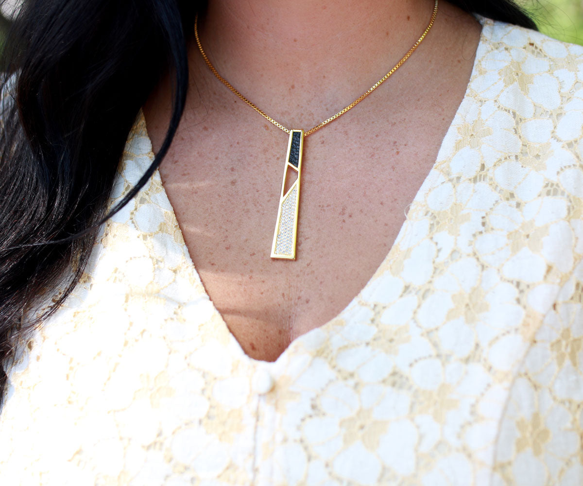 XLarge Geometric Leather Inlay Crystal Gold Necklace