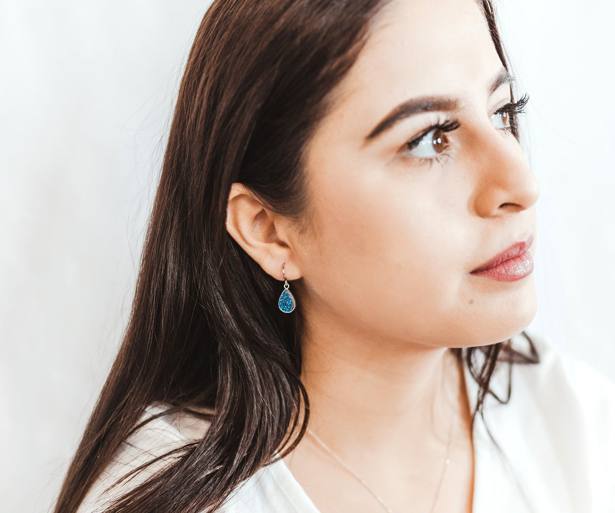 Small Teardrop Purple Rainbow Druzy Earrings