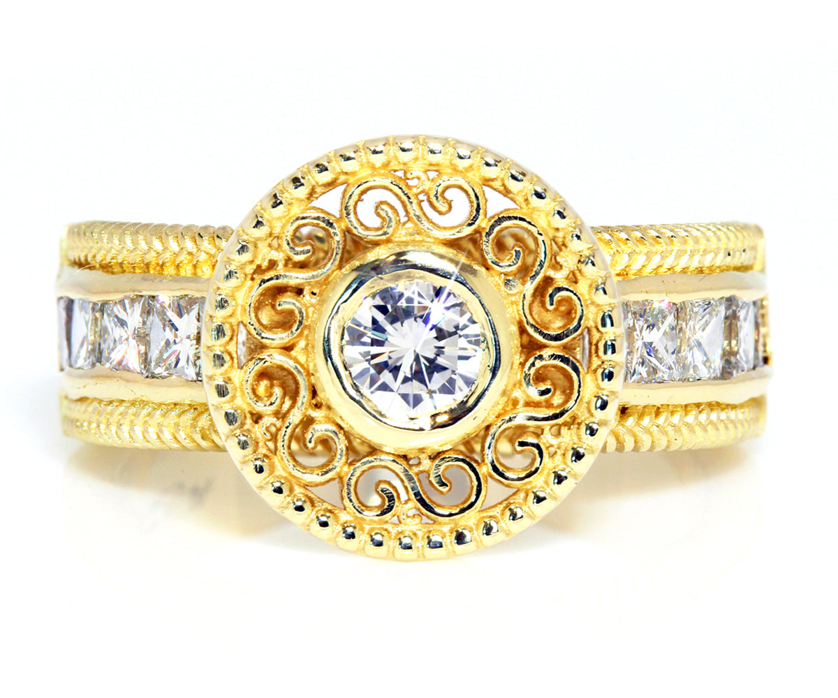 vintage filigree swirl round halo diamond yellow gold wedding ring