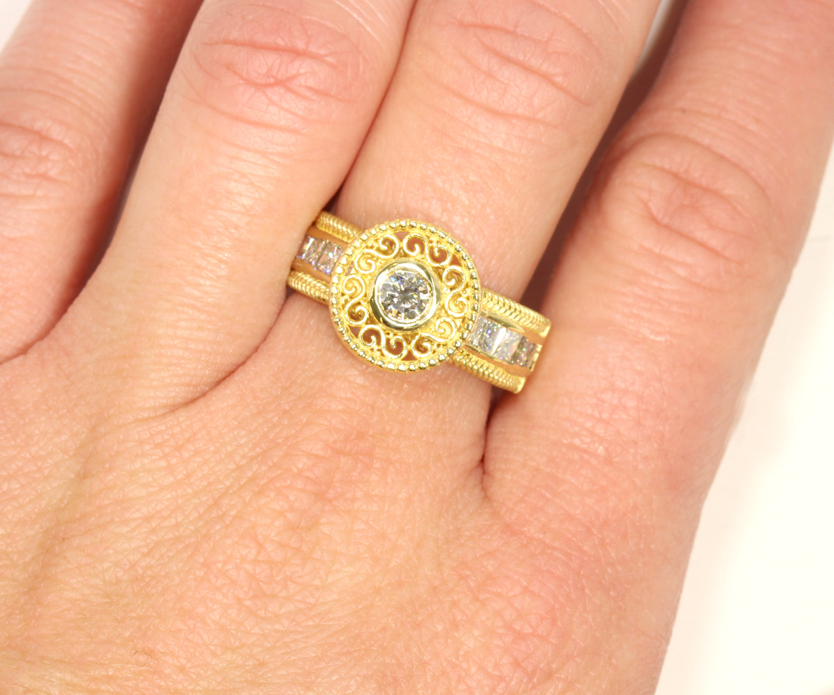 Vintage Swirl Engraved Halo Wedding Ring