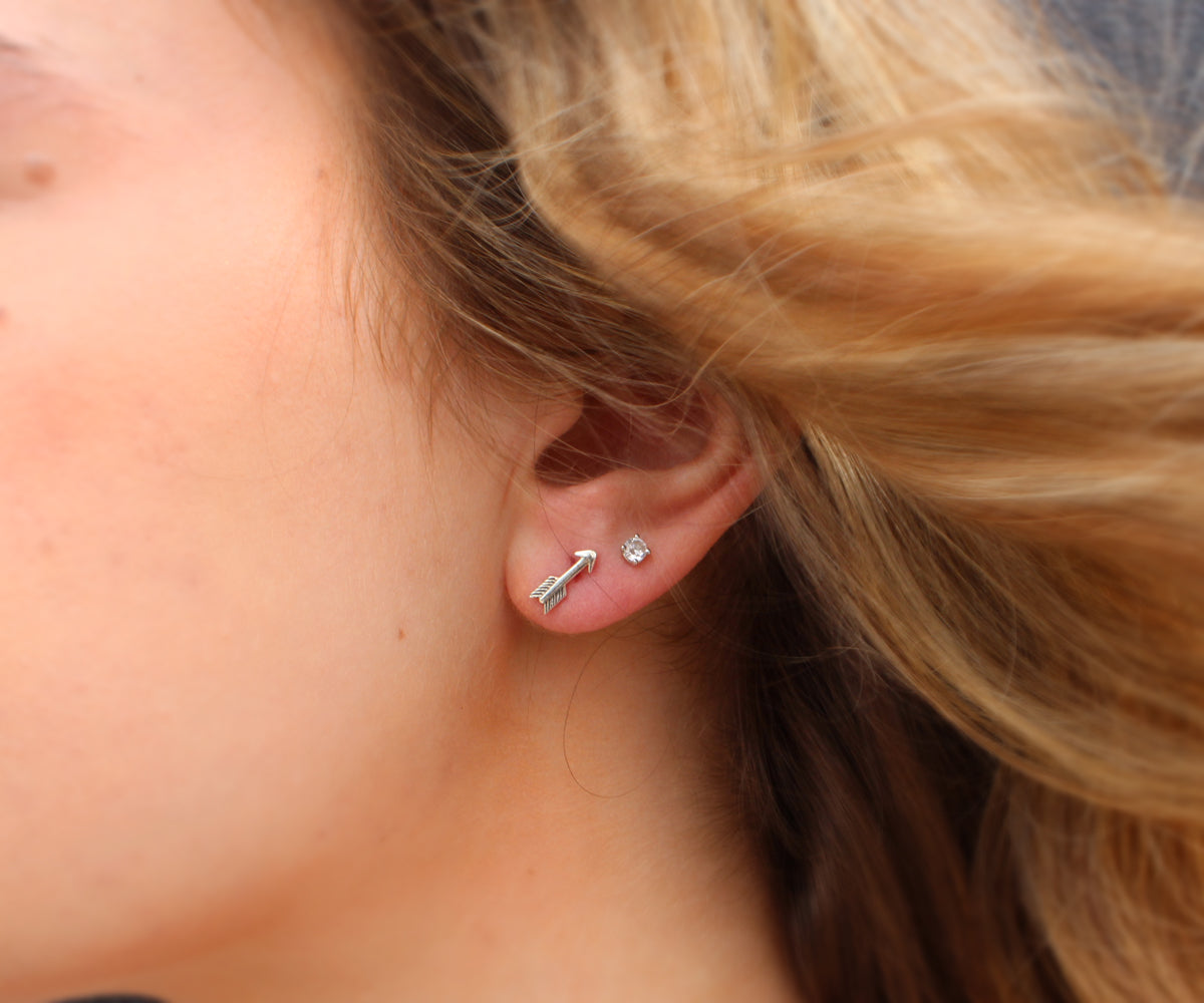 Tiny Heart and Arrow Silver Stud Earrings