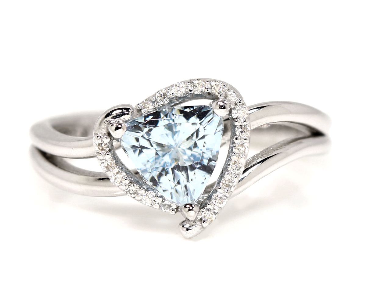 trillion aquamarine swirl heart halo diamond ring