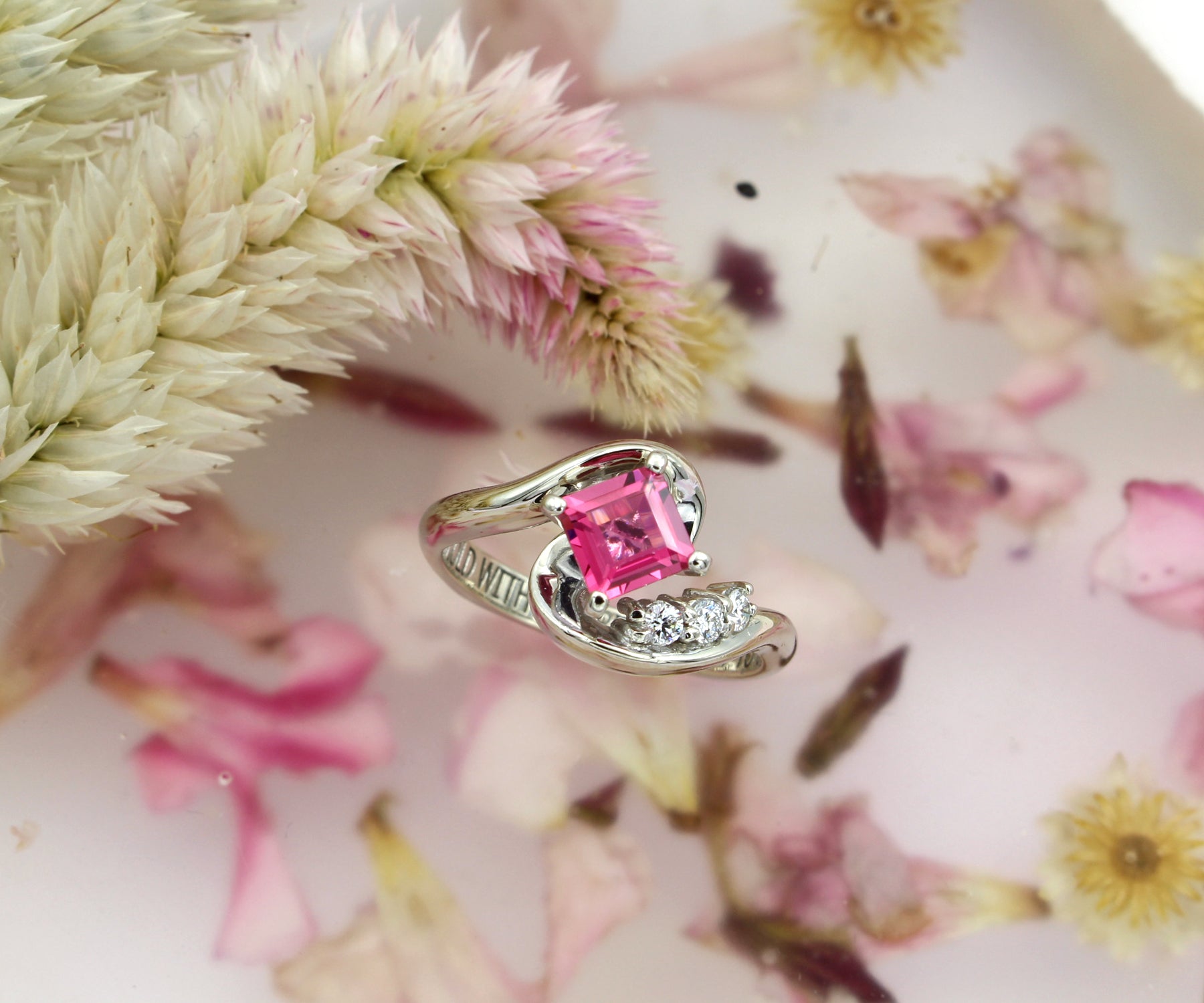 Asymmetrical Twist Pink Spinel Diamond Engagement Ring
