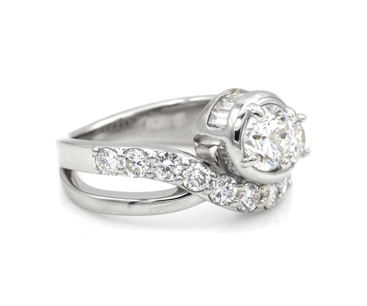 Curved Swirl Round Diamond and Baguette Ring