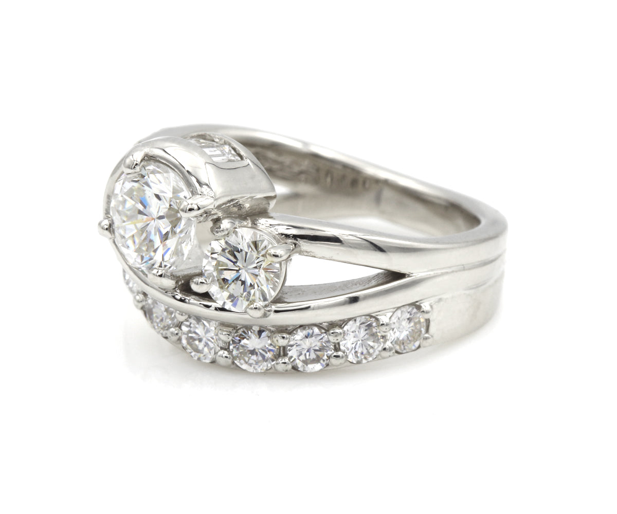 Curved Swirl Round Diamond and Baguette Ring