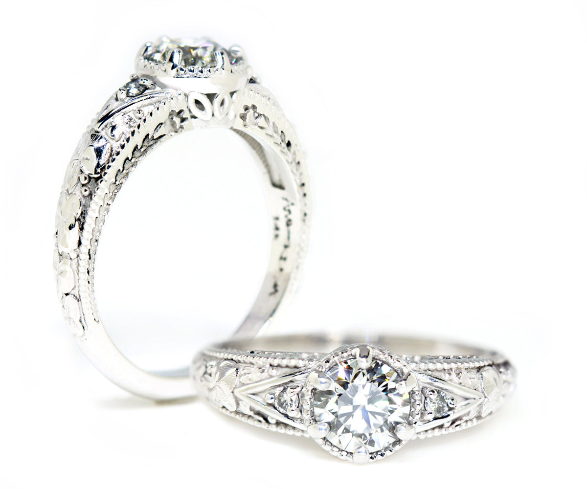 vintage floral round halo diamond custom designed wedding ring