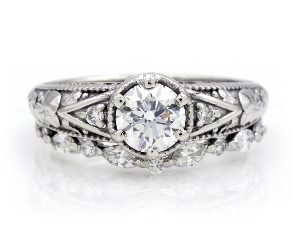 Vintage Floral Filigree Engraved Wedding Ring Set