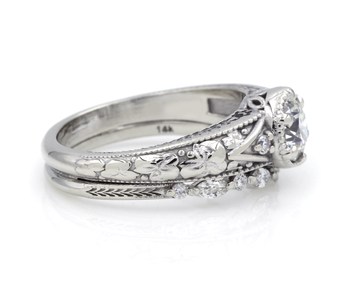 Vintage Floral Filigree Engraved Wedding Ring Set