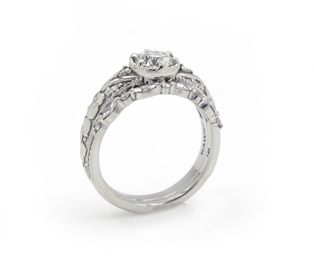 Vintage Floral Filigree Engraved Wedding Ring Set