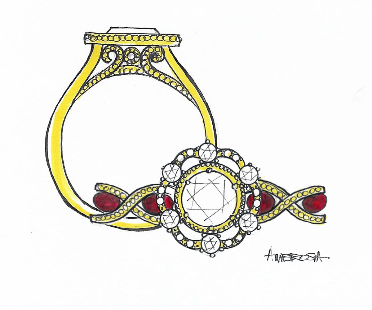 Diamond and Garnet Floral Custom Engagement Ring