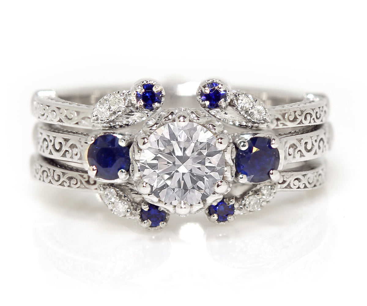 Floral leaf designed blue sapphire and diamond crown halo engagement and wedding ring custom designed