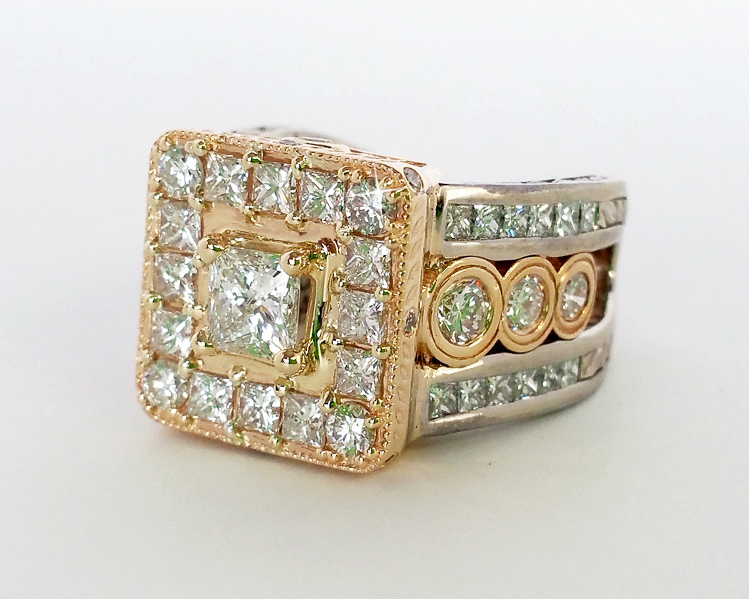 two tone princess cut diamond halo wedding ring redesign