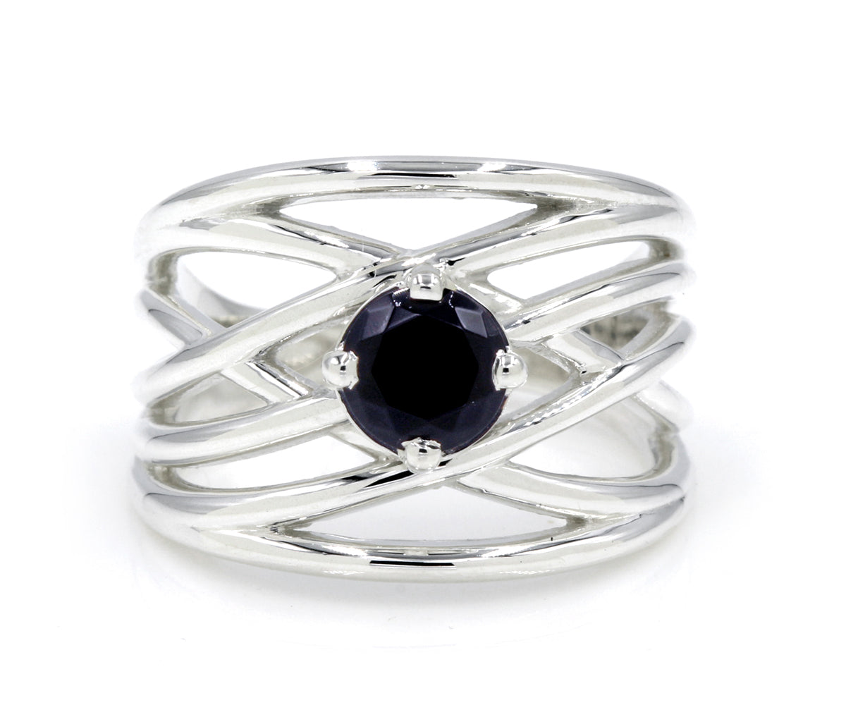 wide criss cross weave statement sterling silver onyx ring