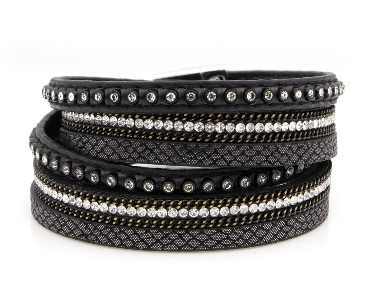 Studded Rhinestone Black Double Wrap Leather Bracelet