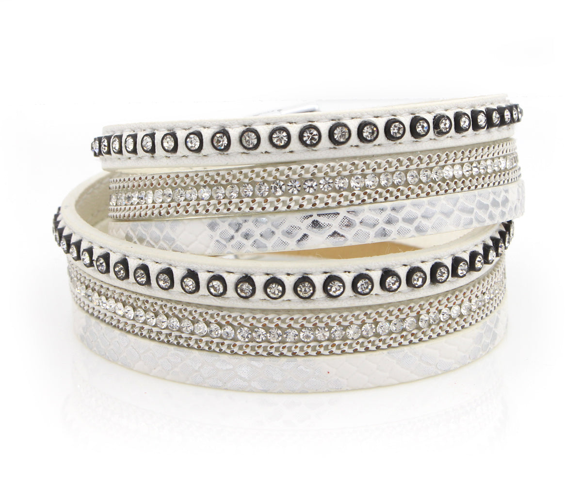 Studded Rhinestone White Double Wrap Leather Bracelet