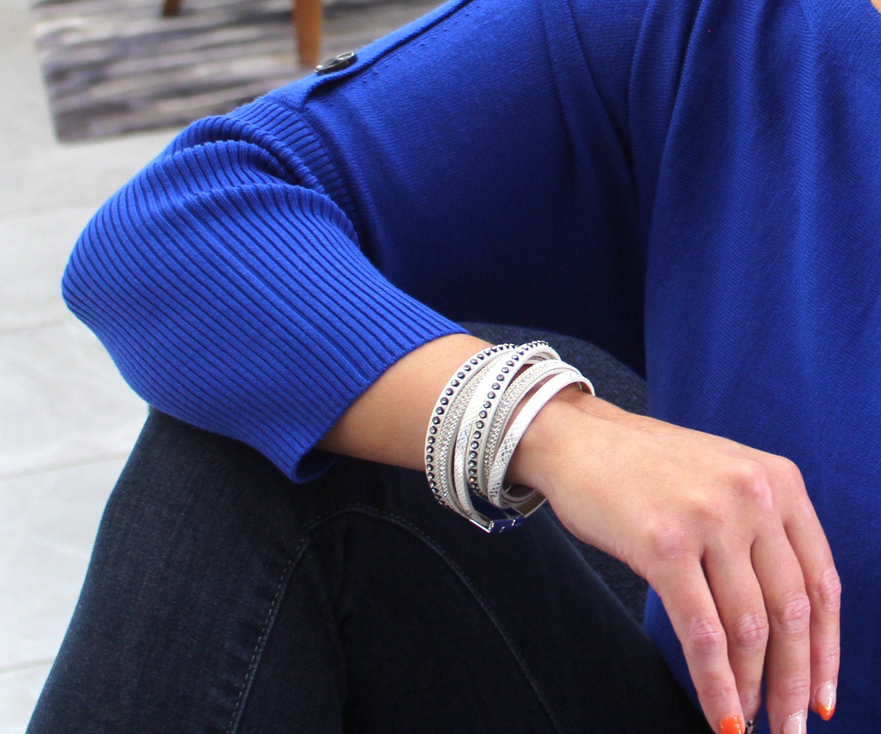 Studded Rhinestone White Double Wrap Leather Bracelet