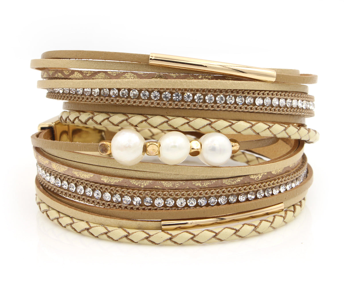 Double Wrap Pearl Sparkly Tan Leather Bracelet