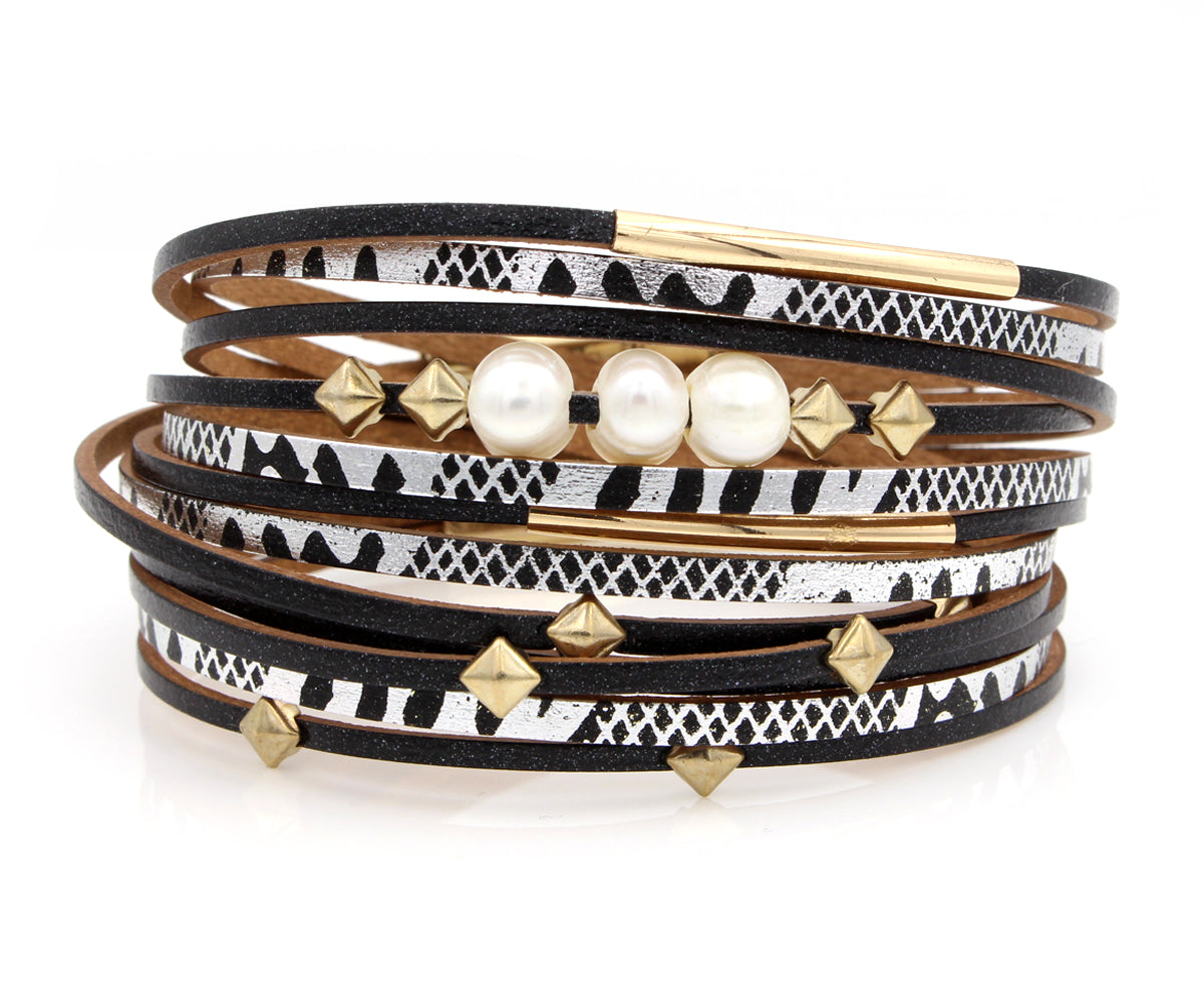 Geometric Black Double Wrap Gold Pearl Bracelet