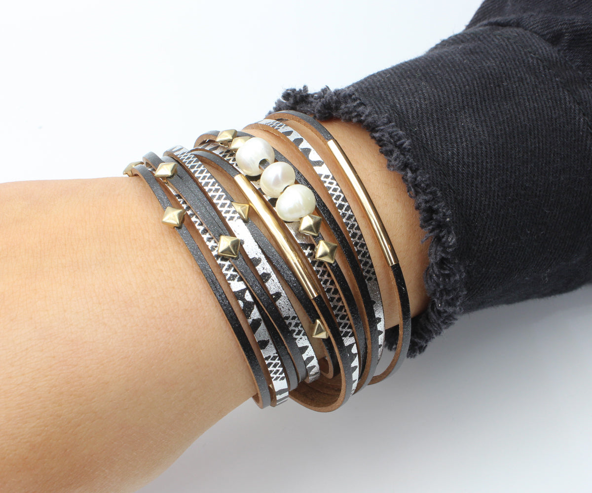 Geometric Black Double Wrap Gold Pearl Bracelet
