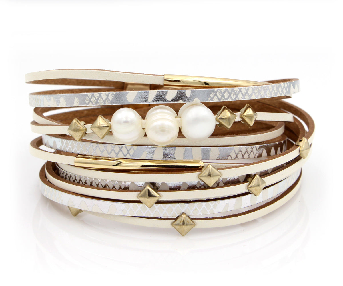 Geometric Cream Double Wrap Gold Pearl Bracelet