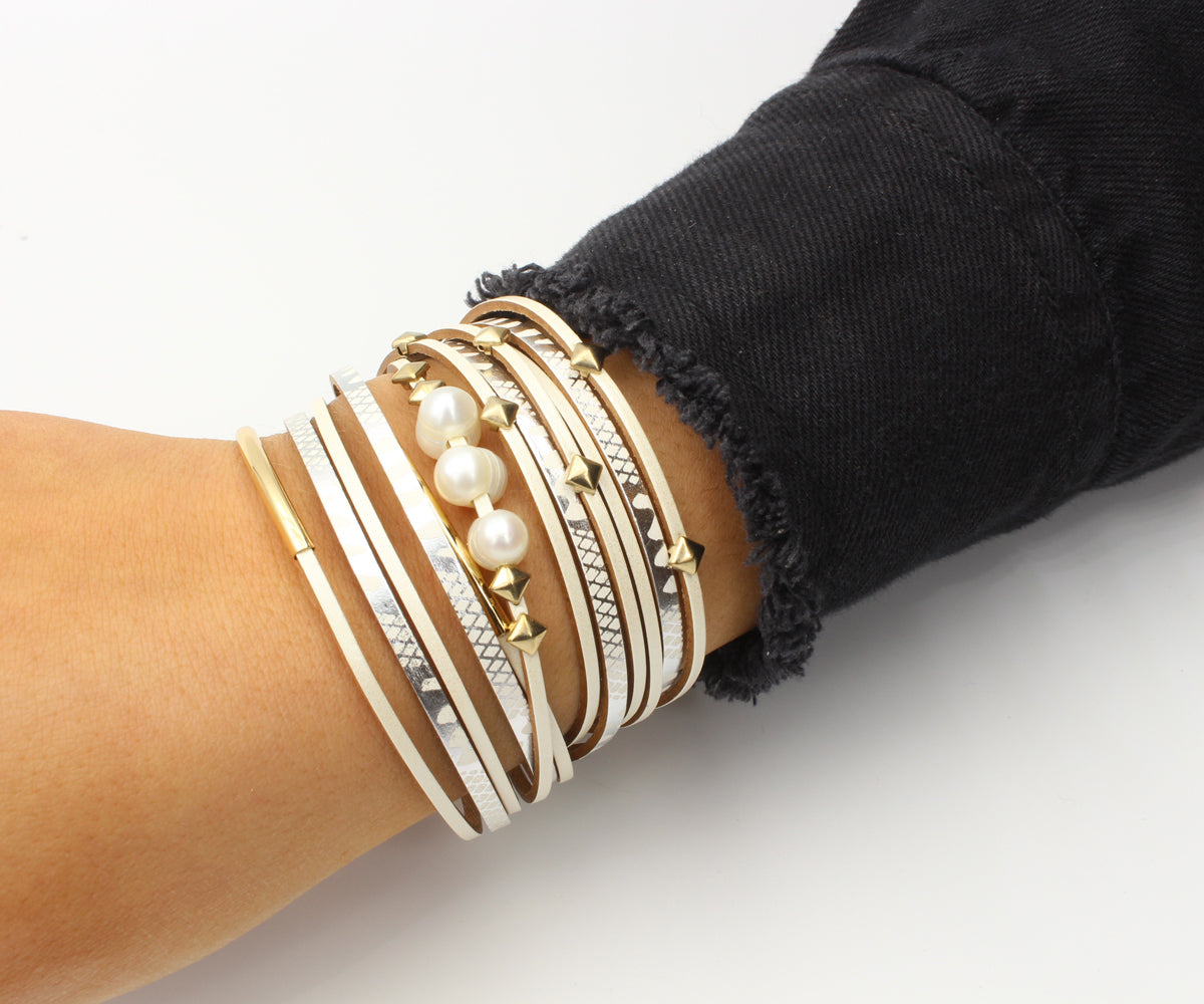 Geometric Cream Double Wrap Gold Pearl Bracelet