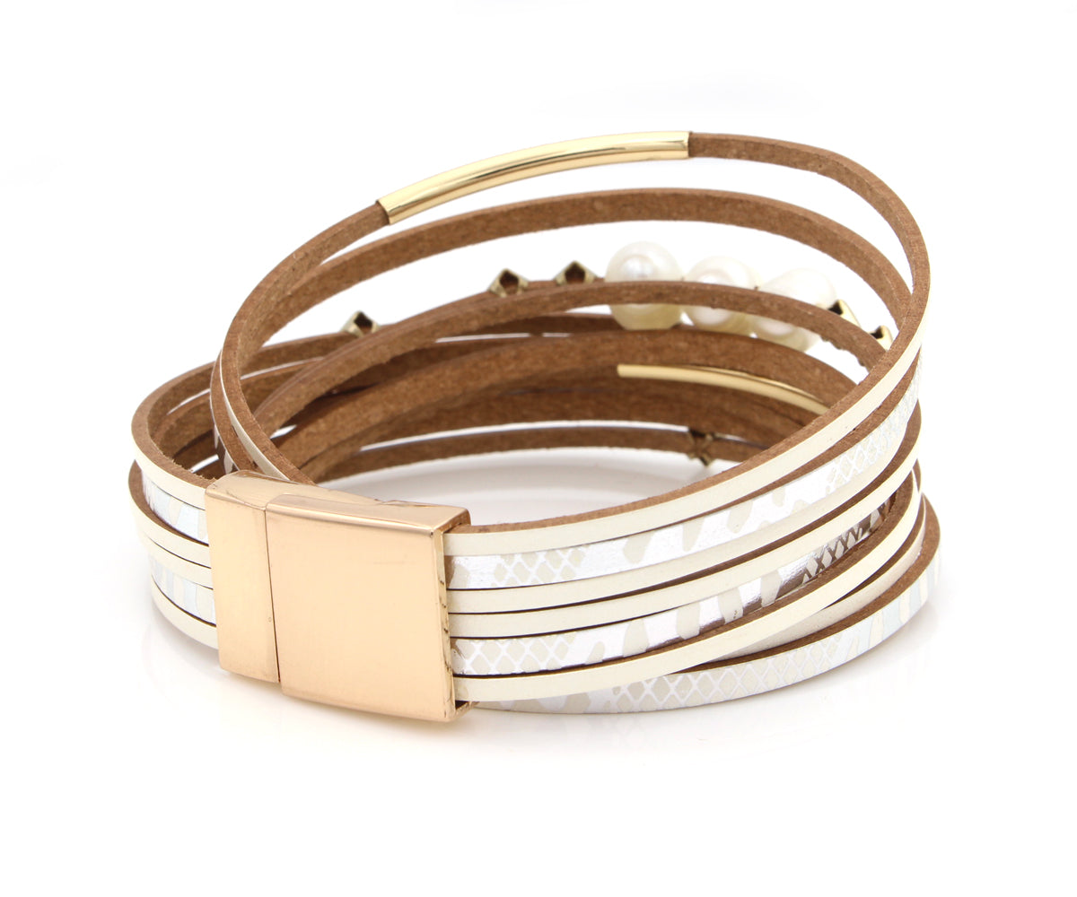 Geometric Cream Double Wrap Gold Pearl Bracelet