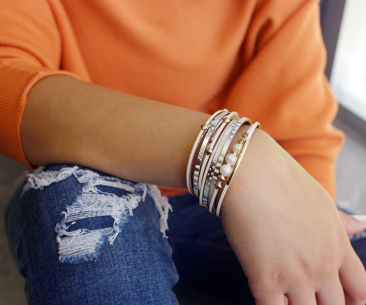 Geometric Cream Double Wrap Gold Pearl Bracelet