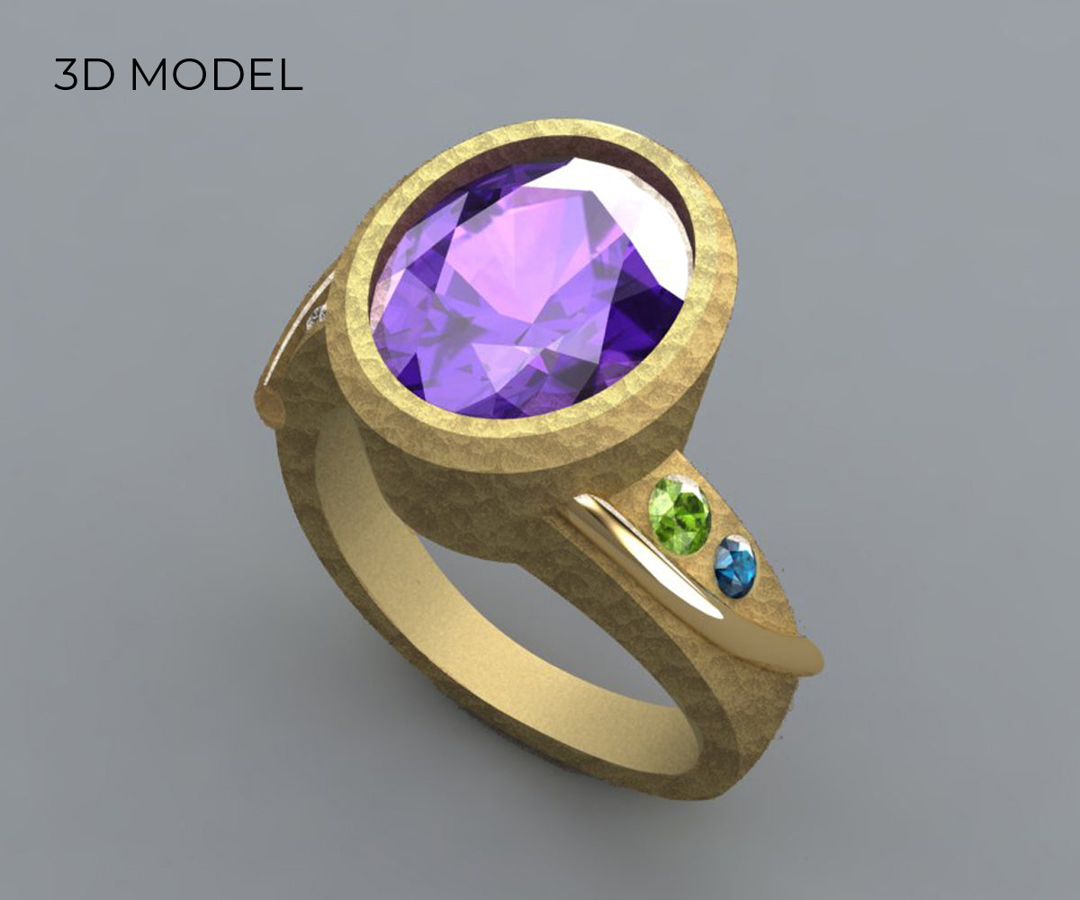 Hammered Bezel Amethyst Gold Ring