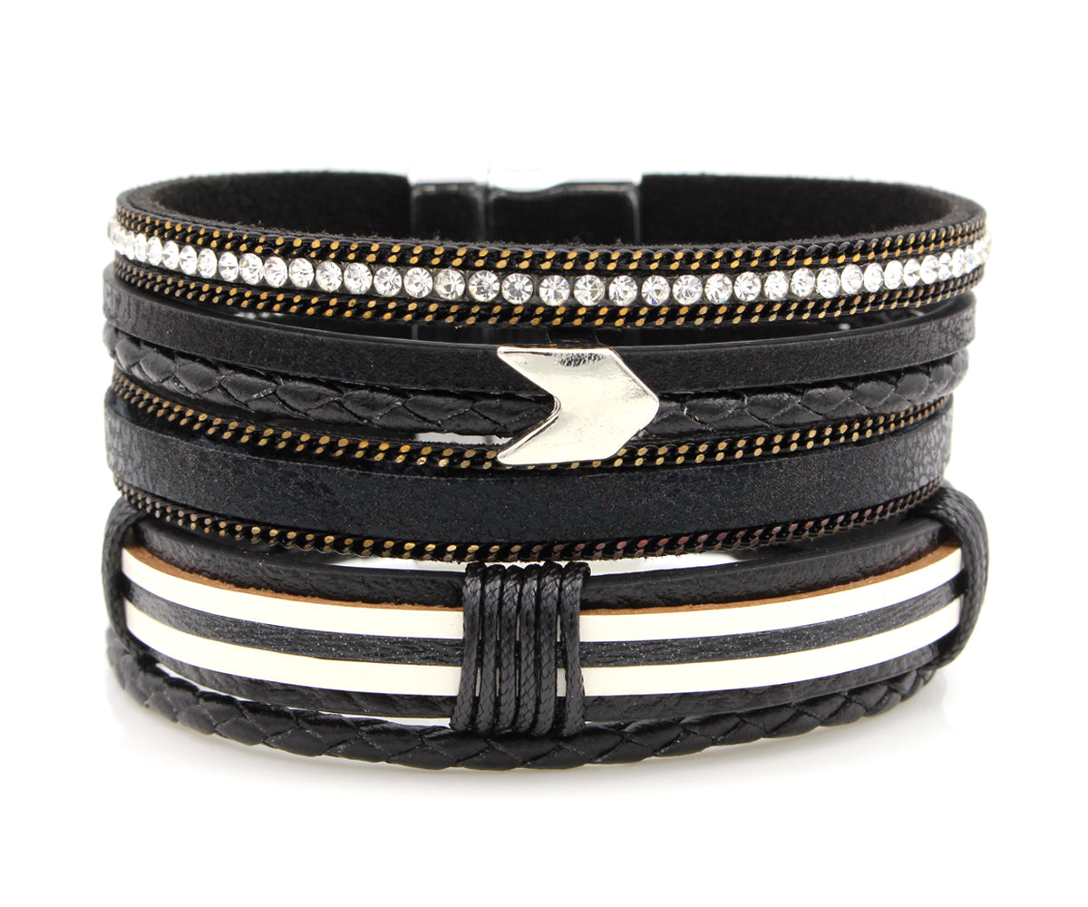 Chevon Arrow Multirow Black Leather Bracelet