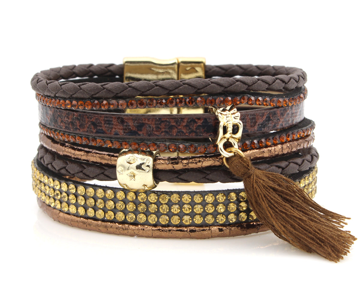 Rhinestone Tassel Brown Leather Bracelet