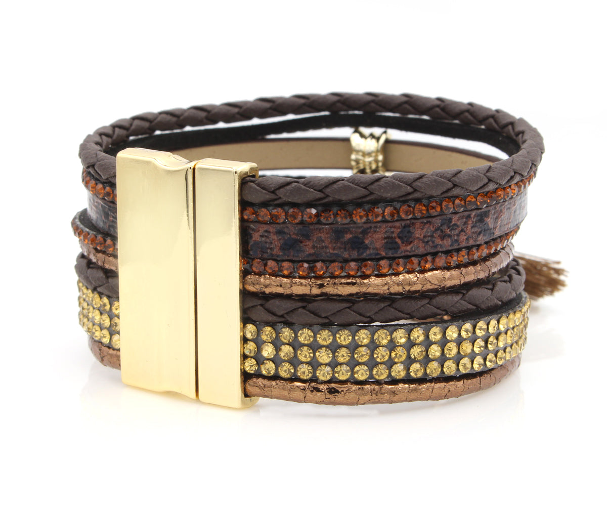 Pulsera de cuero marrón con borlas de diamantes de imitación