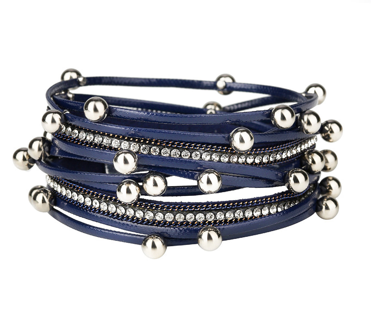 Beaded Navy Double Wrap Leather Bracelet