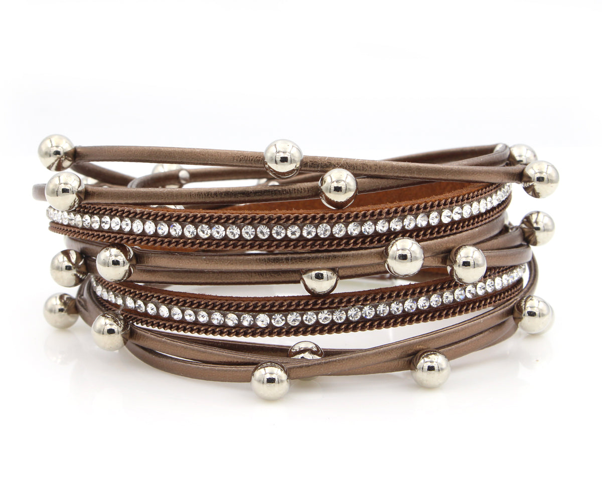 beaded rhinestone double wrap copper brown leather womens bracelet