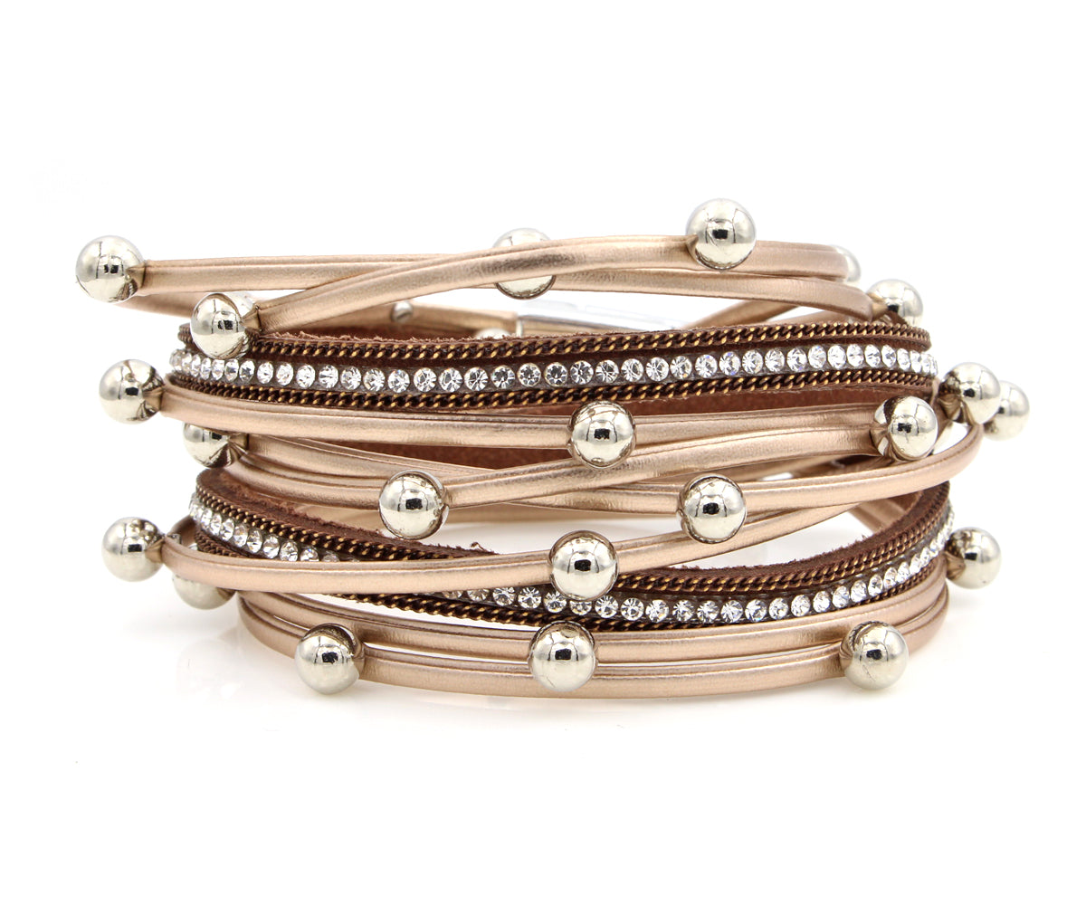 beaded rhinestone double wrap champagne leather fashion bracelet