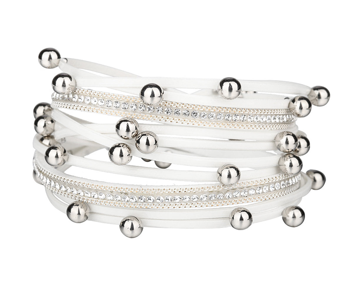Beaded rhinestone White Double Wrap leather womens Bracelet