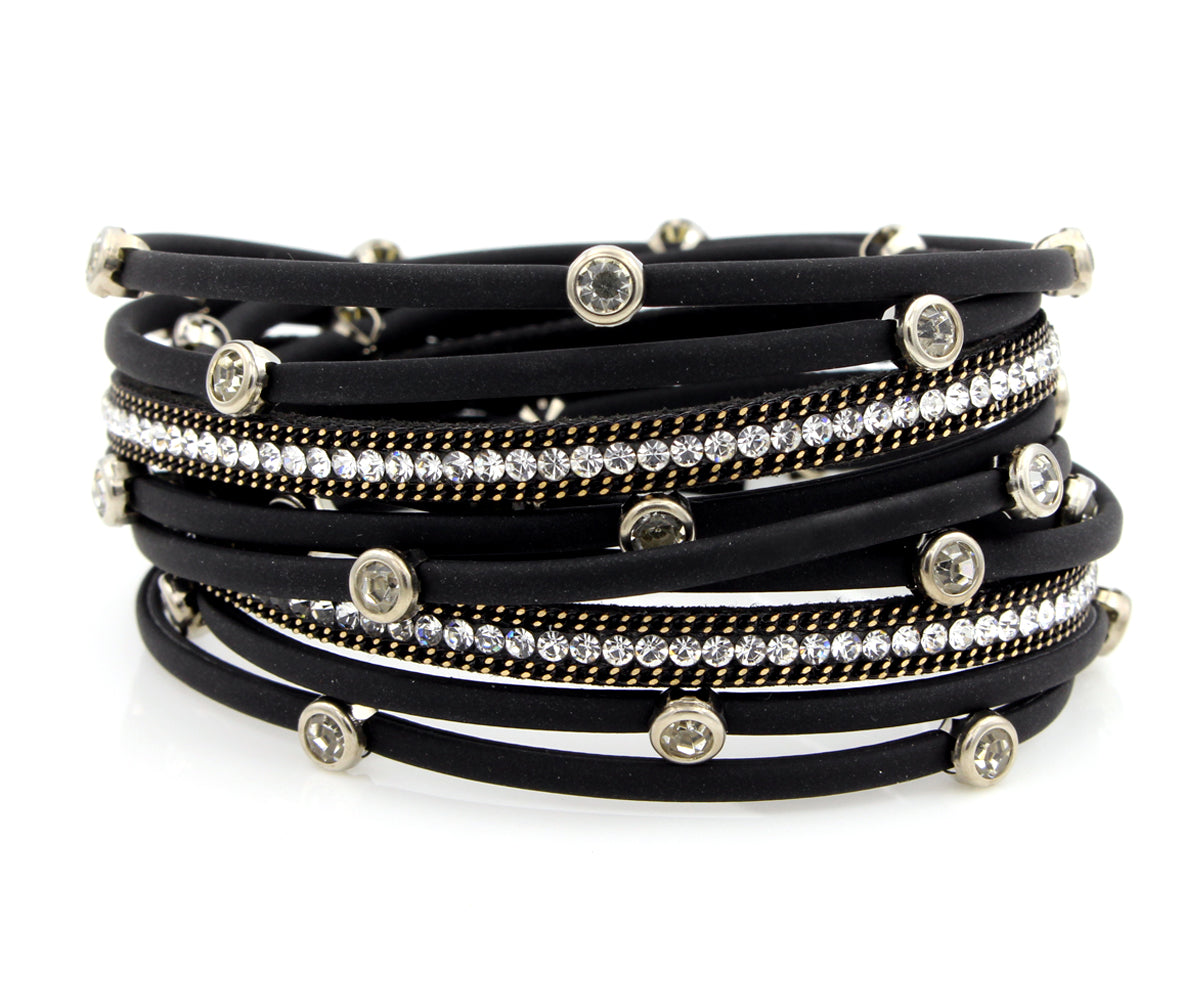 Matte Black Rhinestone Double Wrap Bracelet