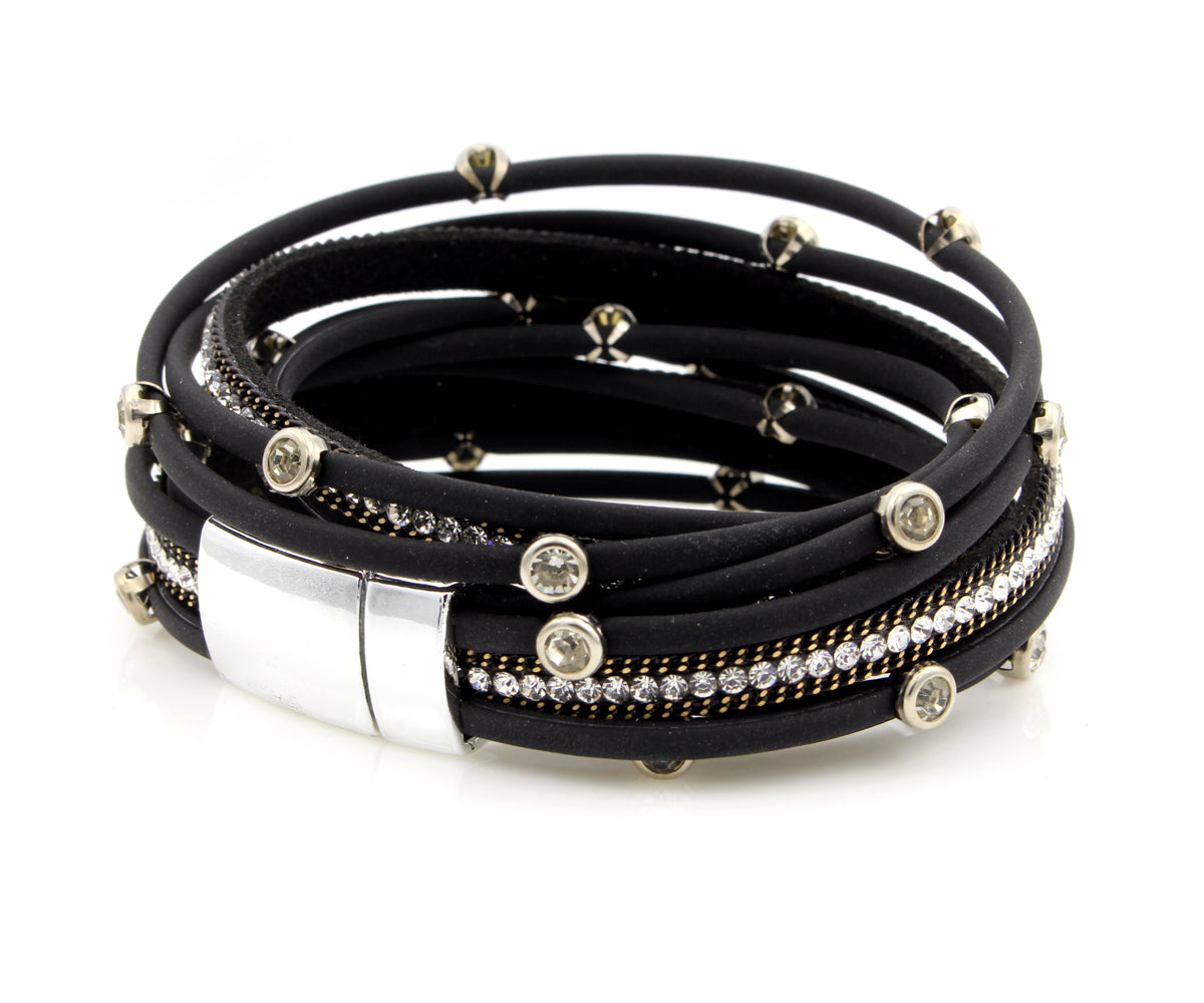 Pulsera de doble vuelta con bisel negro mate y diamantes de imitación