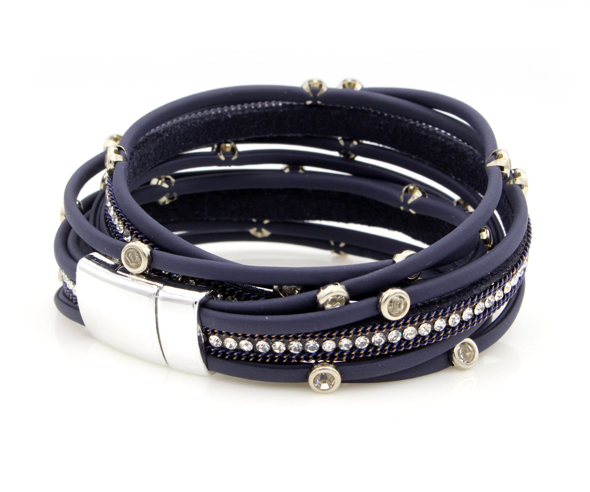 Pulsera de doble vuelta con bisel de diamantes de imitación en azul marino mate
