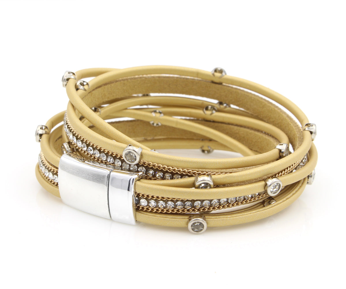 Matte Gold Bezel Rhinestone Double Wrap Bracelet