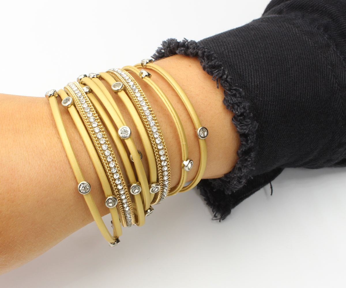 Matte Gold Bezel Rhinestone Double Wrap Bracelet