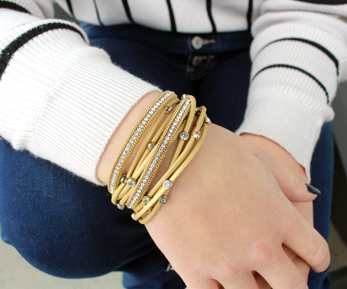 Matte Gold Bezel Rhinestone Double Wrap Bracelet