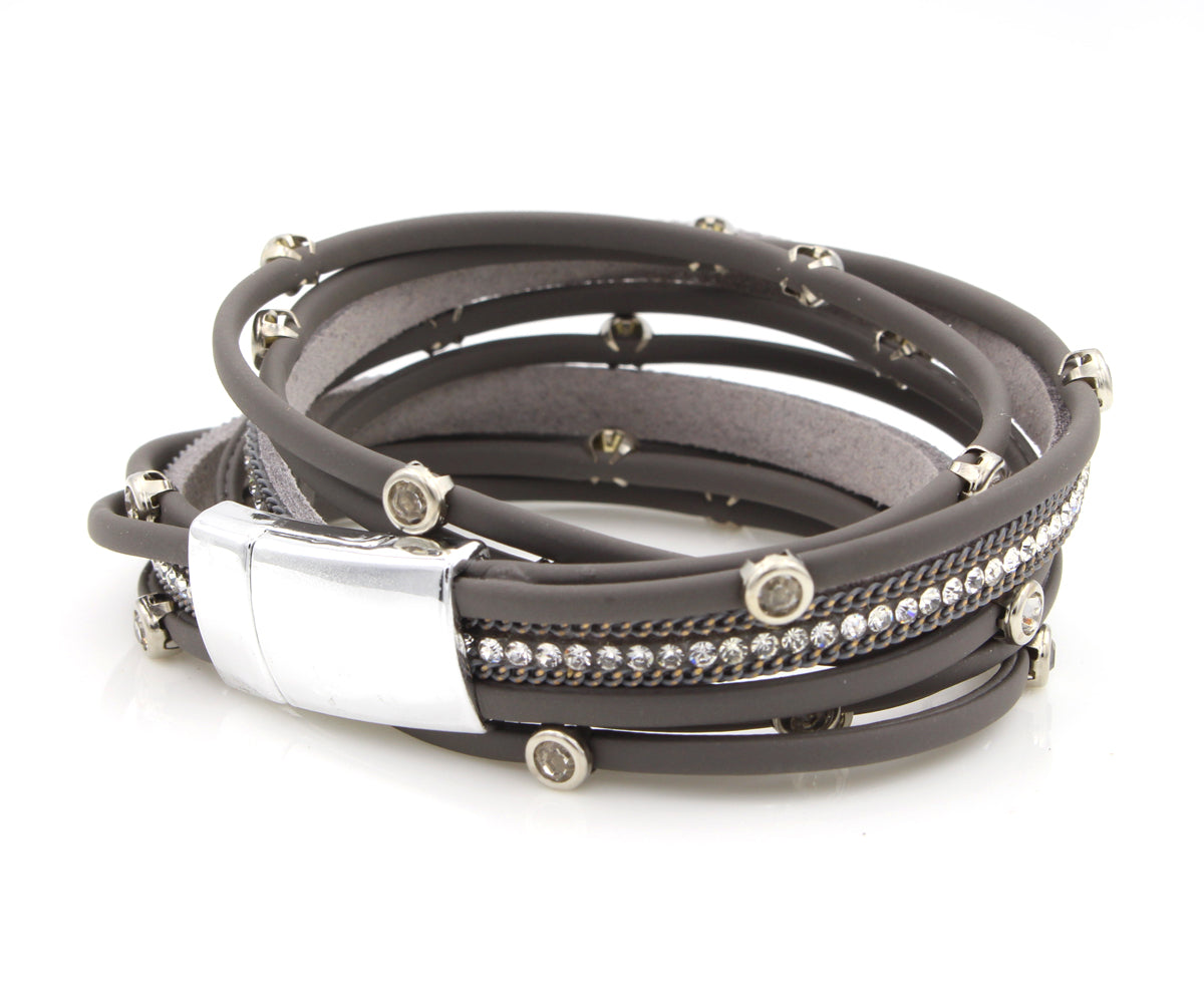Pulsera de doble vuelta con bisel gris mate y diamantes de imitación