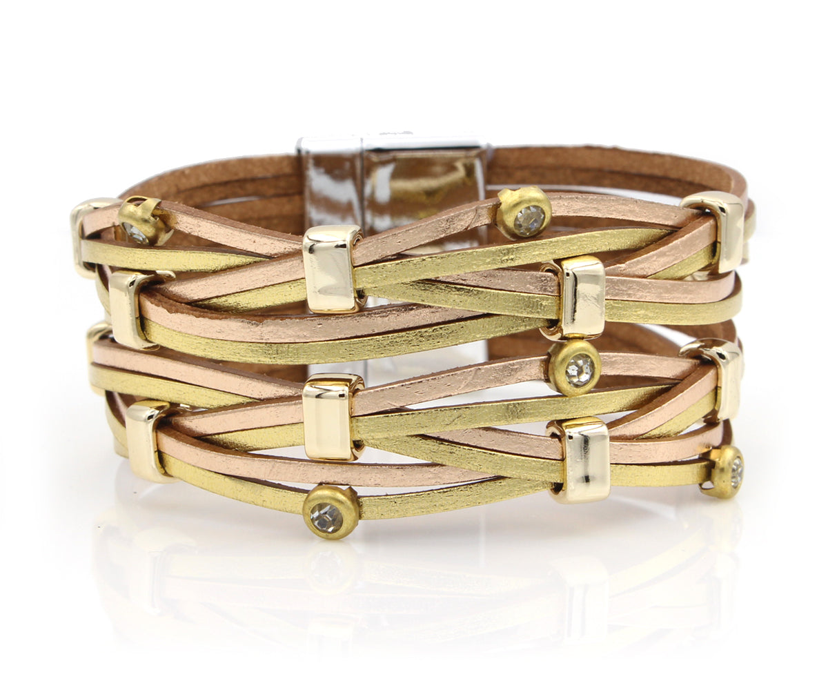 Criss Cross weave Metallic Gold Rhinestone leather Bracelet