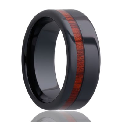 Beveled edge Black Diamond Ceramic ring all high polish with a blood wood inlay.