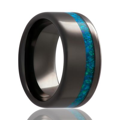 Beveled edge Black Diamond Ceramic ring all high polish with an offset opal inlay.