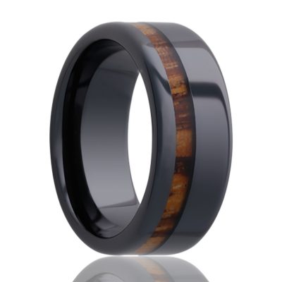 Beveled edge Black Diamond Ceramic ring all high polish with a zebra wood inlay.