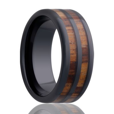 Pipe Cut Black Diamond Ceramic ring all high polish with zebra wood inlays.