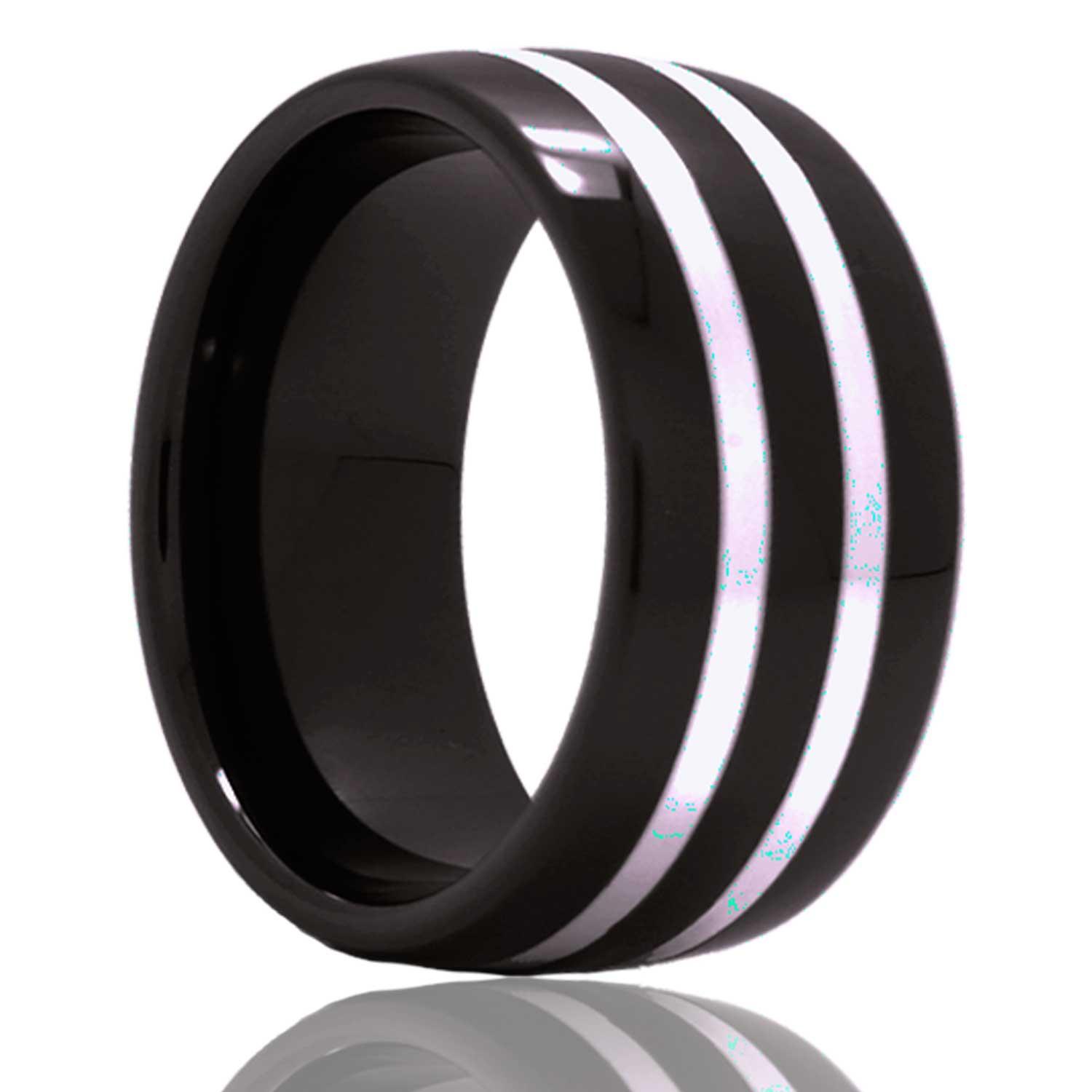 Dome Black Diamond Ceramic ring polished with two 1mm argentium silver inlays.